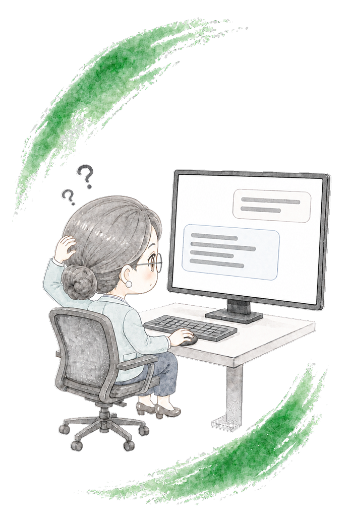 AIが出した結果に疑問を抱き、モニターの前で首をかしげる社員のイラスト