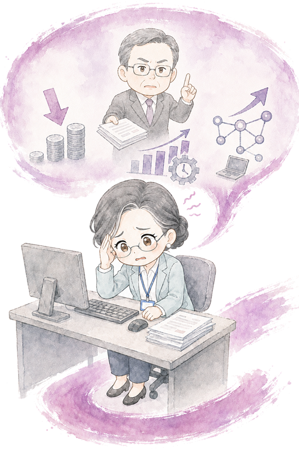 上司からの要求に応えられず、パソコンの前で頭を抱える社員のイラスト