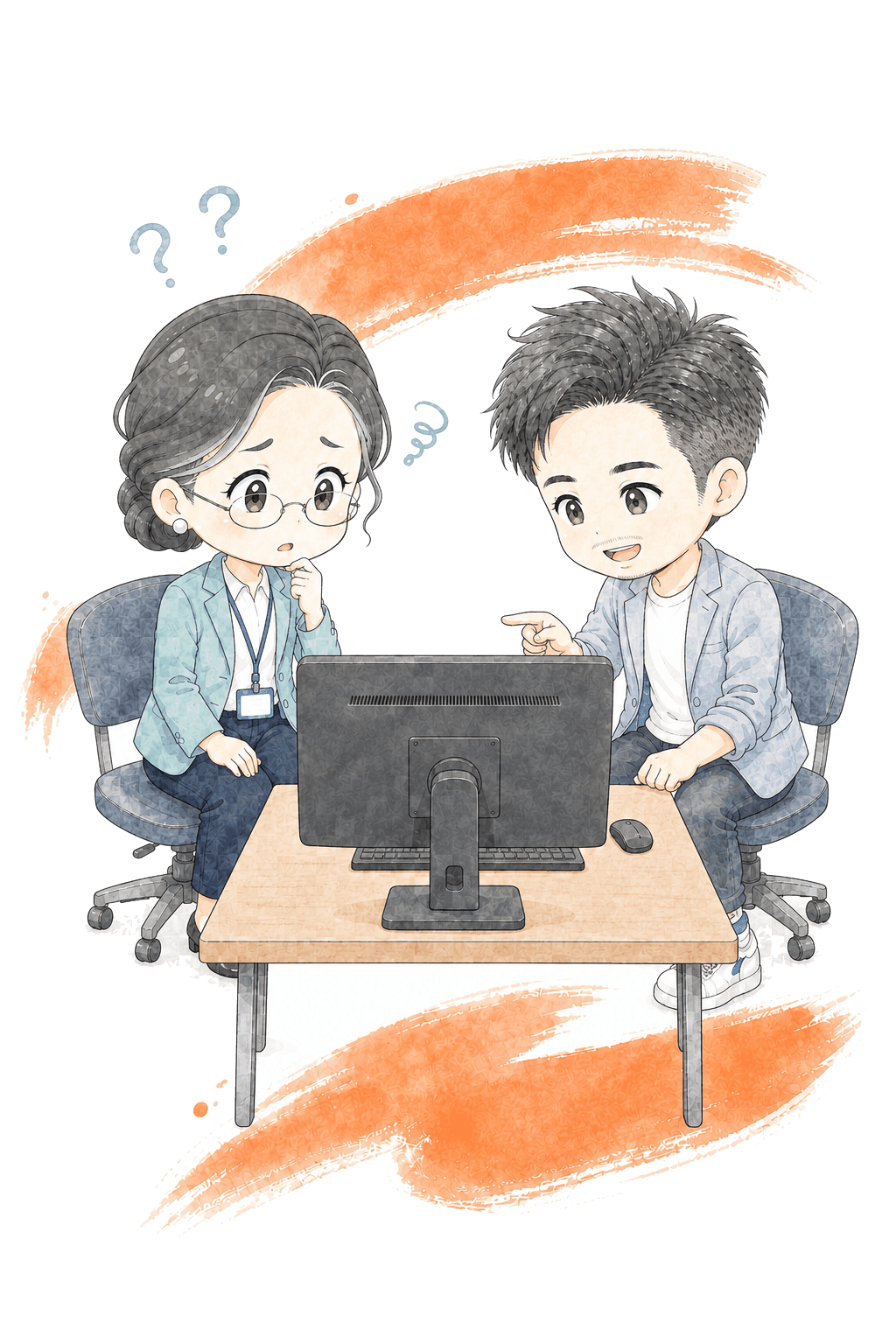 ディスプレイを前に、データの見方が分からず困っている社員のイラスト